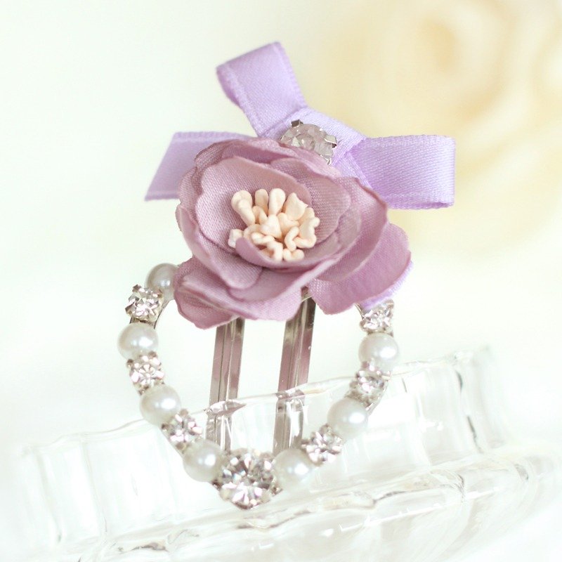優雅な花柄のハート型ヘアピン - ヘアアクセサリー - シルク・絹 パープル