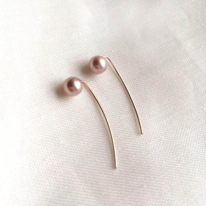 K14GF RoseGold Pink Pearl Line Earrings - 耳環/耳夾/耳骨夾 - 寶石 粉紅色