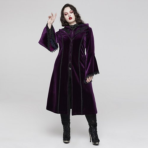 PUNK RAVE 【大尺碼】哥德巫師姊妹會絲絨連帽外套 - 黑 / 紫