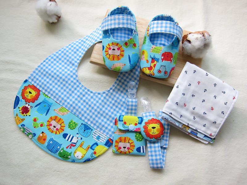 123 Zoo - Baby Baby Mi-month group / baby bibs + Shoes + Pacifier chain + + Ping each child cotton handkerchief (five groups) - Baby Gift Sets - Other Materials Blue