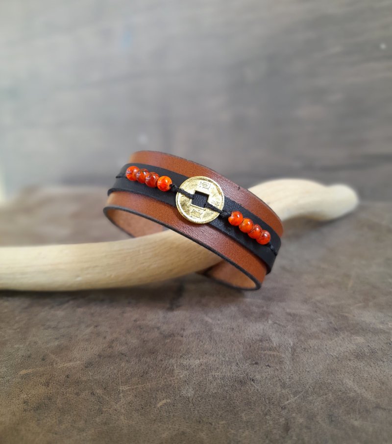 Chinese Lucky Coin Bracelet, Handmade Adjustable Full Grain Leather Wristband - 手鍊/手環 - 真皮 咖啡色