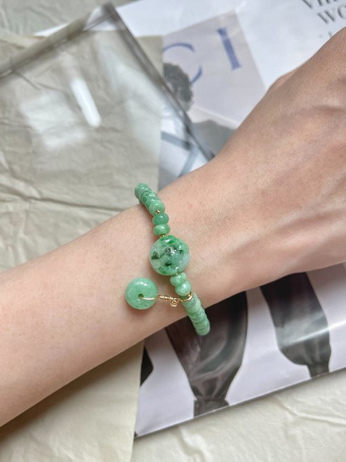 翡翠設計館 / 賞翠•玩翠 EXE Jewelry 老坑花青蓮花翡翠14k包金手串 手鍊|天然緬甸翡翠