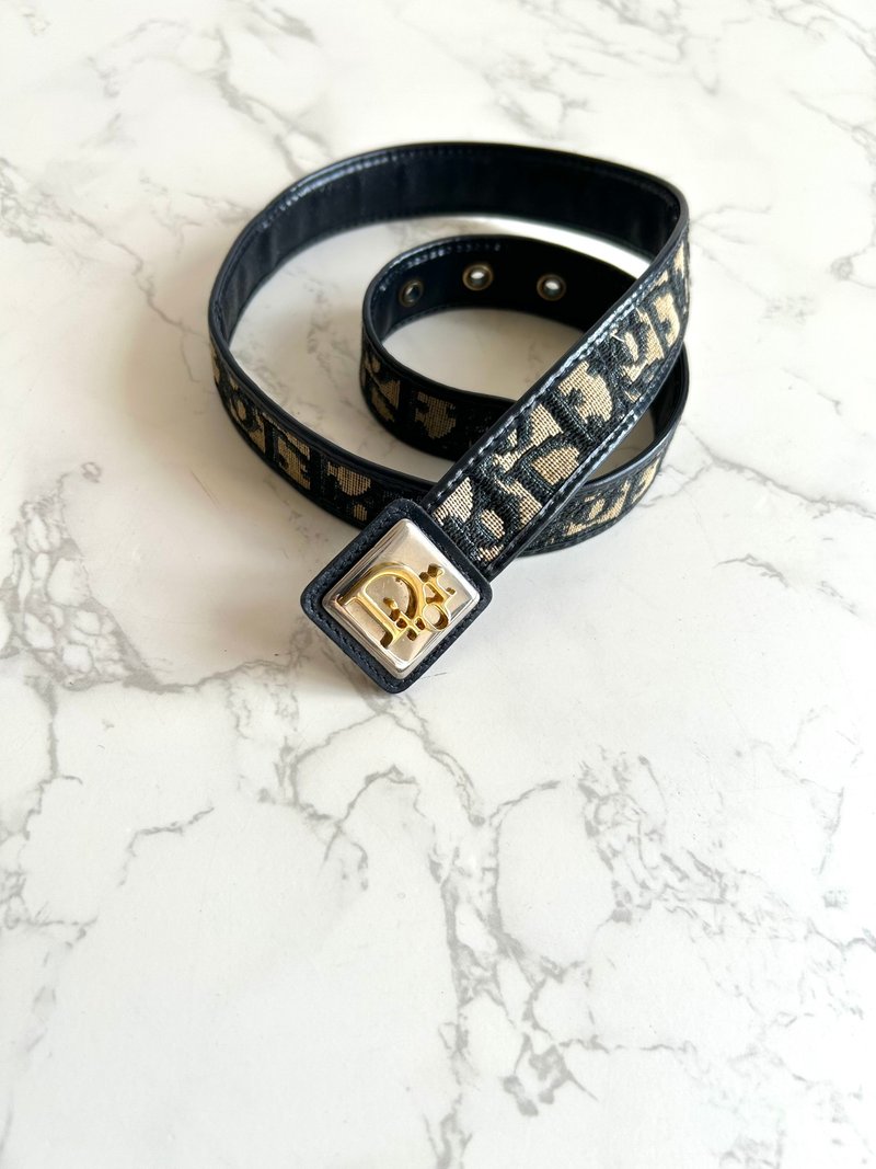 絕版古董品 Dior深藍色老花皮革帆布腰帶 女裝皮帶 中古二手美品 - 腰帶/皮帶 - 真皮 藍色