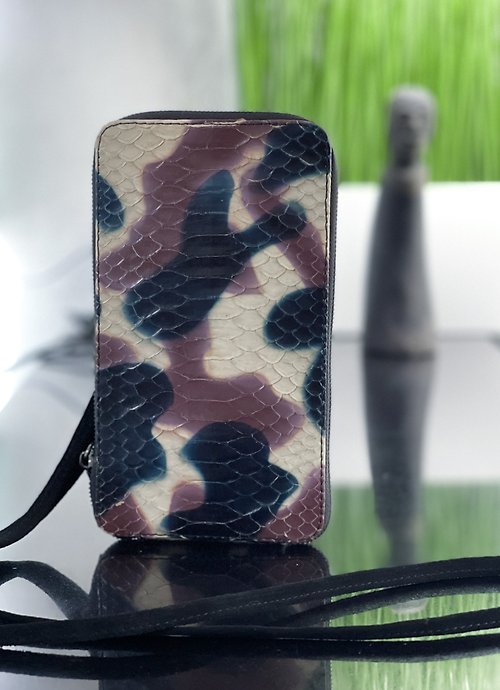 belp-atelier Python Leather Wallet Khaki Snakeskin Travel Holder Cell Phone Case Long Wallet