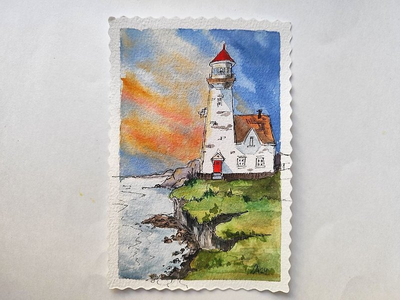 灯台の絵オリジナル水彩画海景アート - ポスター・絵 - 紙 多色