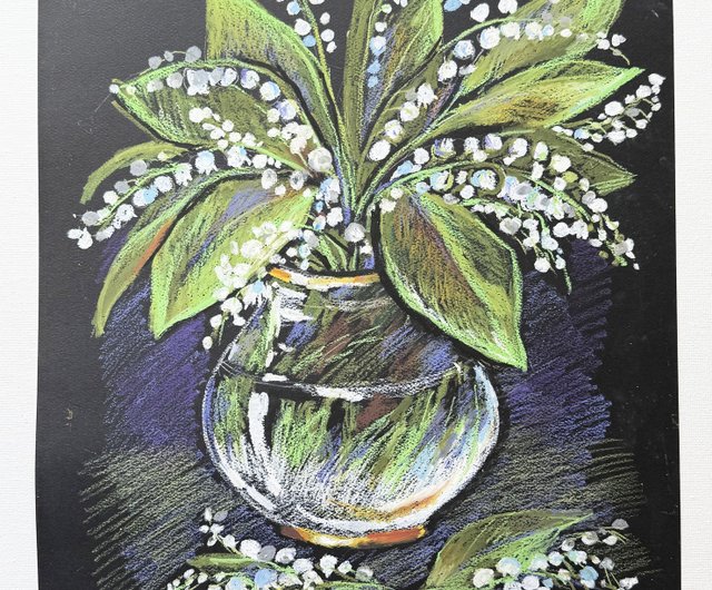 スズランの花束、オイルパステルアート、花瓶に入った花、絵画アート