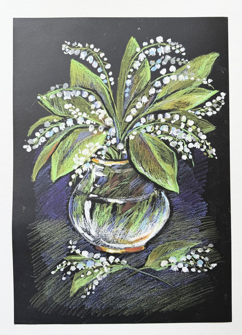 Bouquet with lilies of the valley oil pastel art flowers in a vase drawing arts - 壁貼/牆壁裝飾 - 紙 綠色