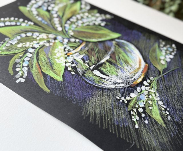 スズランの花束、オイルパステルアート、花瓶に入った花、絵画アート