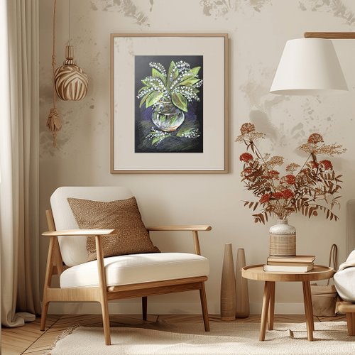 スズランの花束、オイルパステルアート、花瓶に入った花、絵画アート