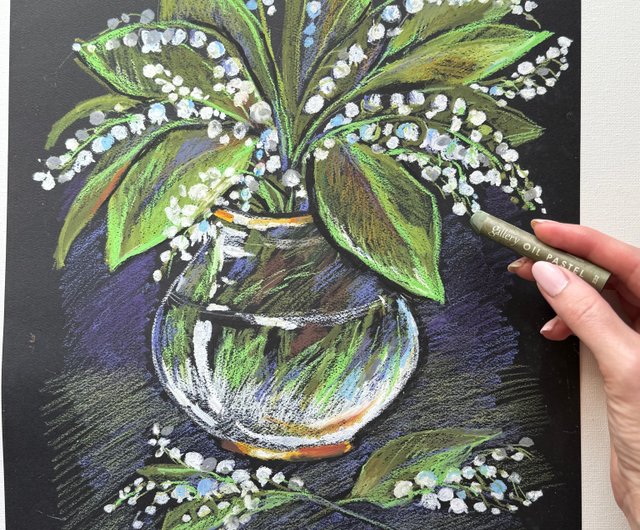 スズランの花束、オイルパステルアート、花瓶に入った花、絵画