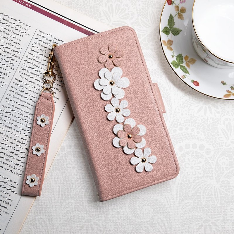 Aguchi iPhone 13Pro/13ProMax Flower Language Rivet Flower Phone Leather Case-Tender Pink - เคส/ซองมือถือ - หนังเทียม สีม่วง