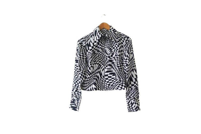 90s Black and White Harlequin Diamond printed zip up Crop Jacket, OP ART blazer - 女大衣/外套 - 聚酯纖維 黑色