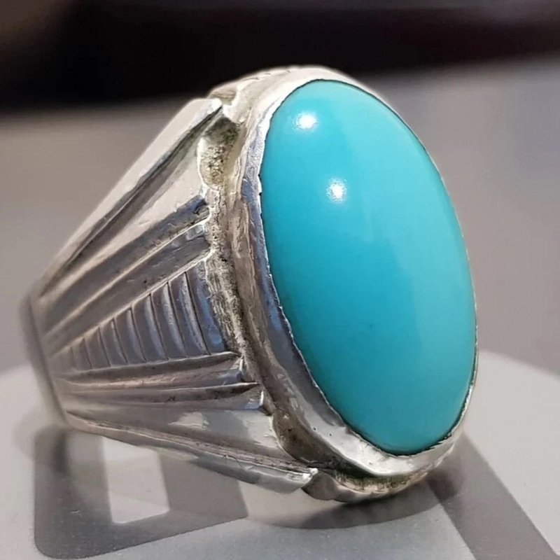 Mens Handmade Ring, Turquoise Men Silver Ring, Oval Gemstone Ring, Modern Gift - 戒指 - 寶石 藍色