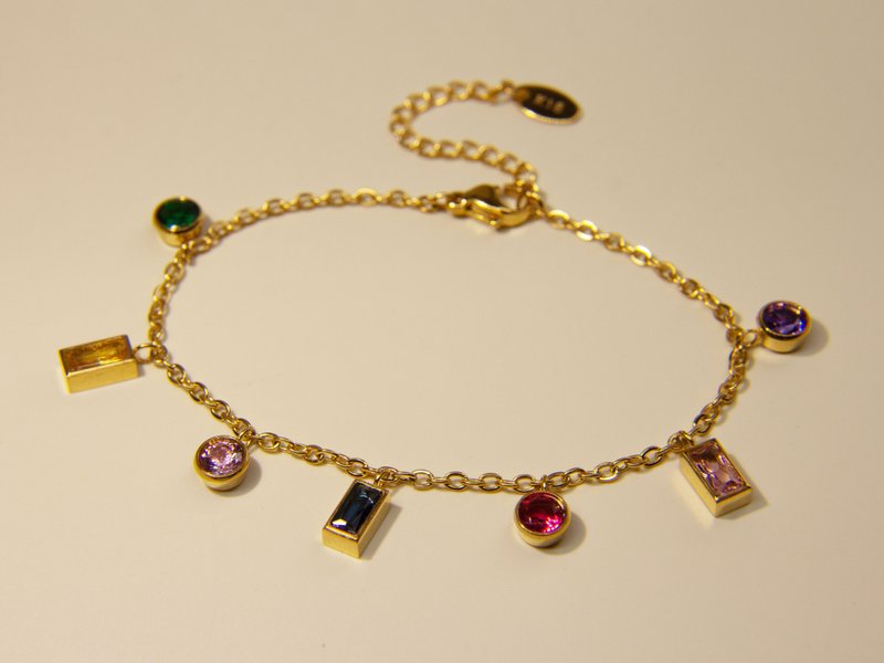 Baguette Rainbow Gemstone Bracelet | 18K Gold Bracelet | Summer Bracelet - สร้อยข้อมือ - สแตนเลส 