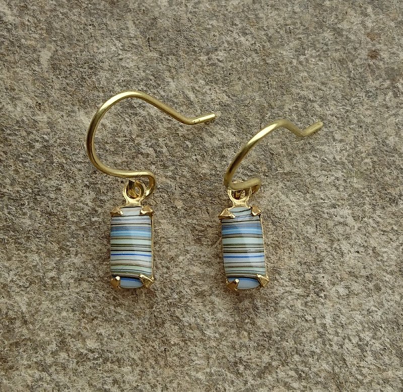 Tiny Blue Stripes Vintage Glass Earrings - ต่างหู - โลหะ 