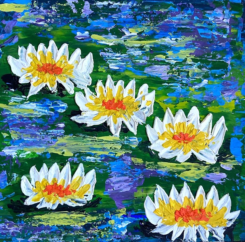 Lotus Painting Water Lily Original Art Landscape Flower Impasto Acrylic Small - Posters - Other Materials White