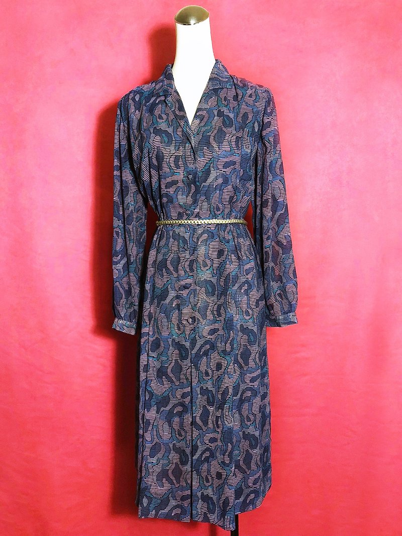 Blue-purple totem textured long-sleeved vintage dress / brought back to VINTAGE abroad - One Piece Dresses - Polyester Blue