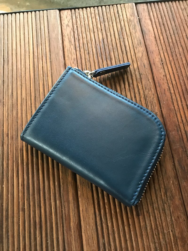 [Playing with leather girl] dark blue L-shaped zipper short clip - Wallets - Genuine Leather Blue