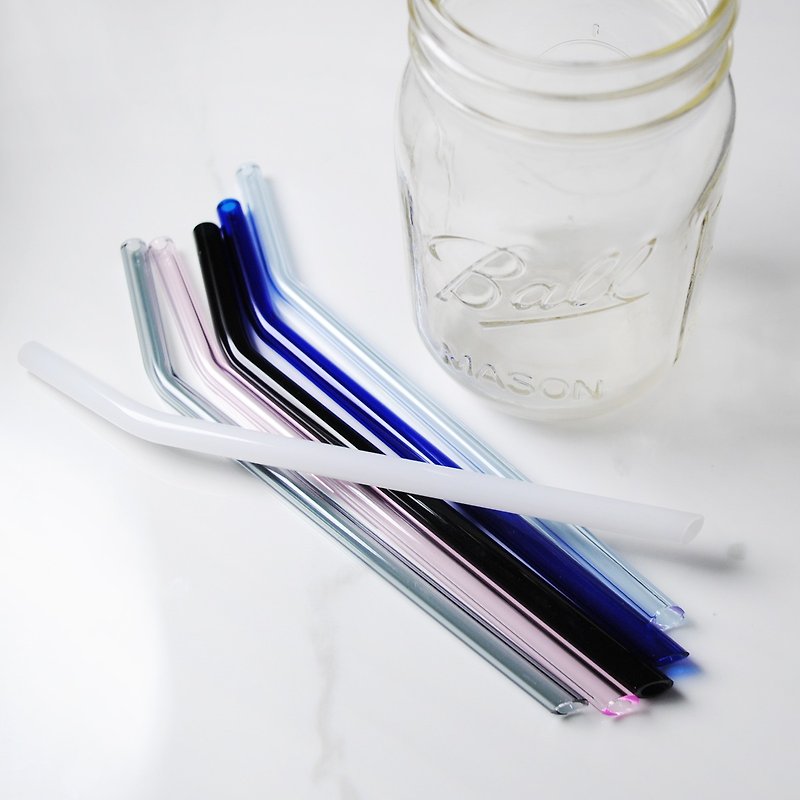 20cm (口徑0.8cm) 彎曲尖口可刺穿飲料封膜 玻璃吸管(附贈清潔刷) - 飲料提袋/杯袋/杯套 - 玻璃 藍色
