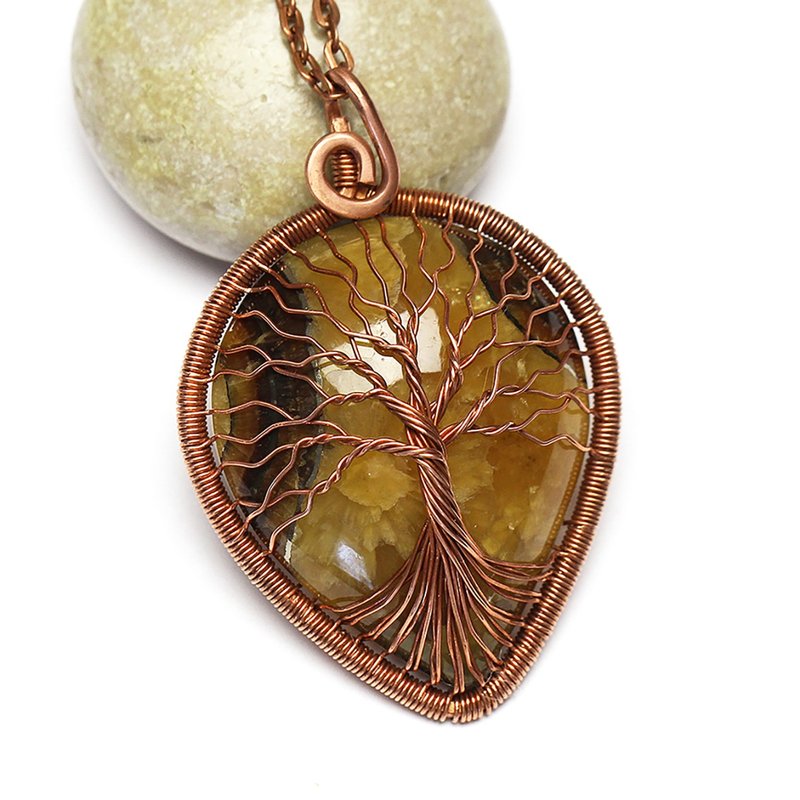 Simbircite Necklace Copper Wire Wrapped Stone Pendant Semiprecious Jewelry - 項鍊 - 半寶石 黃色