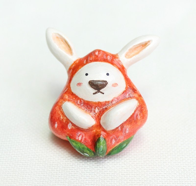 Handmade strawberry rabbit  brooch - Brooches - Clay Red