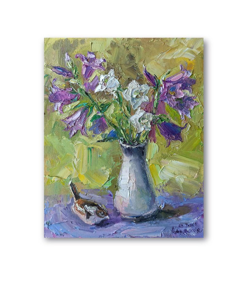 Bluebells Painting Palette Knife Painting Bouquet Painting Wildflowers Wall Art - 海報/掛畫/掛布 - 其他材質 黃色