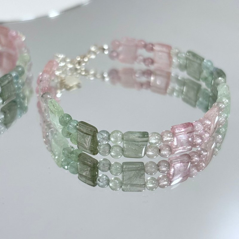 Pink and green lotus/tourmaline bracelet - Bracelets - Semi-Precious Stones Multicolor