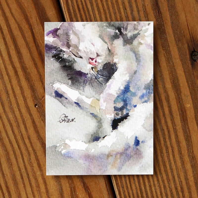 Watercolor Painted Hair Boy Series Postcard - Cat Lazy - การ์ด/โปสการ์ด - กระดาษ สีเทา