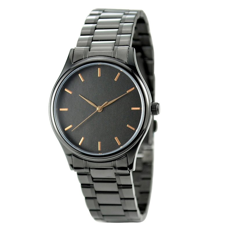 黑色簡約手錶配鋼帶-玫瑰金釘-黑面-全球免運 - 男錶/中性錶 - 不鏽鋼 黑色