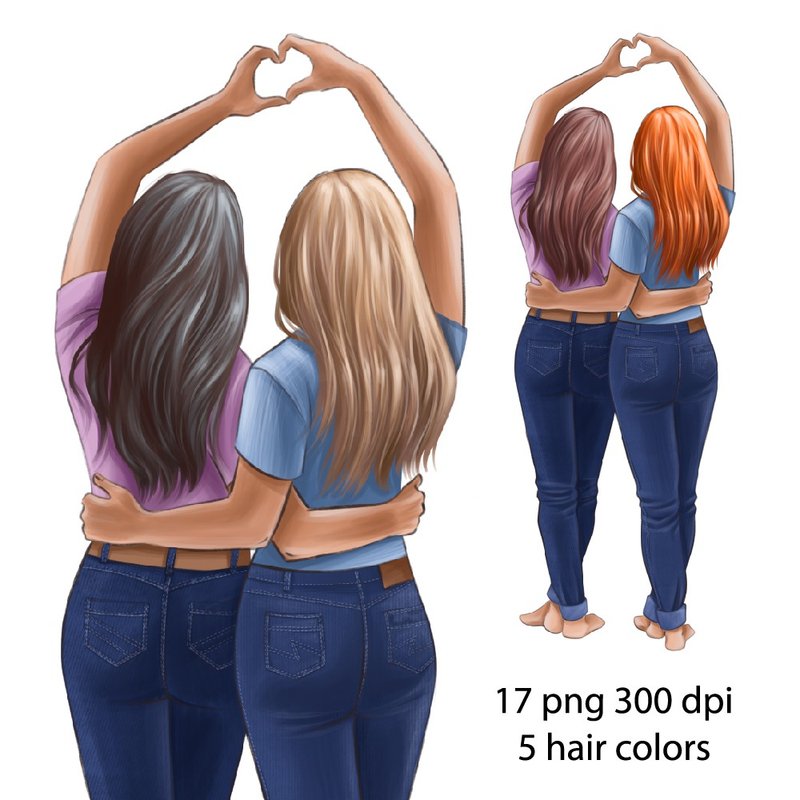 Best friends clipart, besties digital illustration png, planner girls in jeans - 插畫/繪畫/書法 - 其他材質 