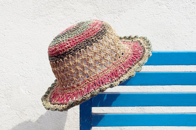 Valentine's Day limited edition hand-woven cotton Linen cap / knit cap / hat / straw hat / straw hat - openwork knit striped donuts - Hats & Caps - Cotton & Hemp Multicolor
