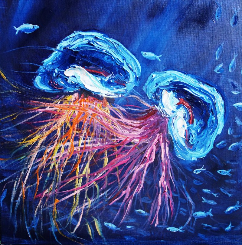 Jellyfish Oil Painting Original Art Sea Fish Artwork Seascape Canvas Art Impasto - 海報/掛畫/掛布 - 顏料 多色