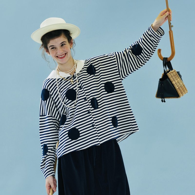 藍色條紋海軍領小外套 / 襯衫 長袖 - 女襯衫 - 棉．麻 藍色