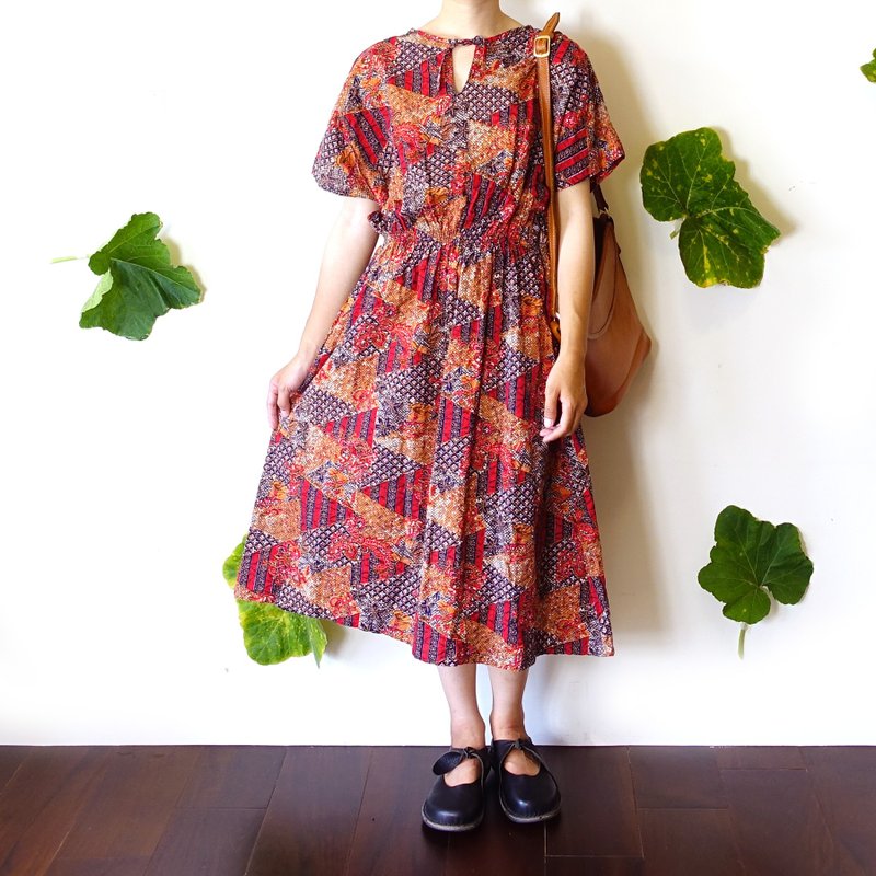 BajuTua / Vintage / Red exotic flowers wind off the shoulder waisted dress - One Piece Dresses - Cotton & Hemp Red