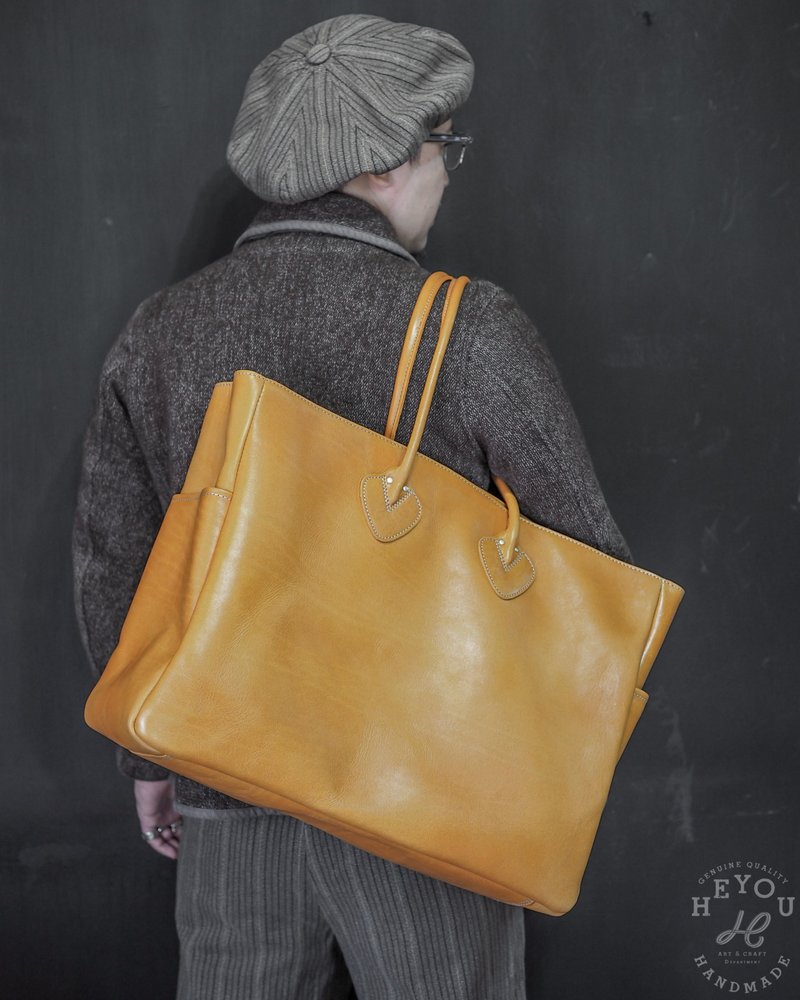 Leather Tote vegetable tanned leather shoulder tote bag yellow brown - Messenger Bags & Sling Bags - Genuine Leather Multicolor