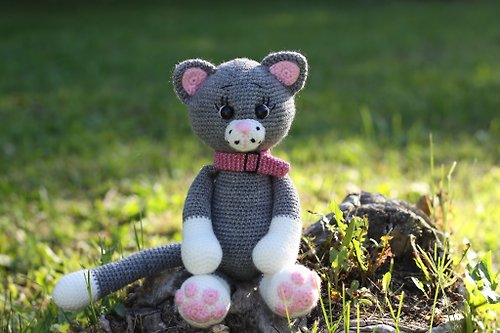NovichataArtCrochet Crochet cat grey 9,8inch, Crochet cat Stuffed, toy knitted cat, Big soft cat