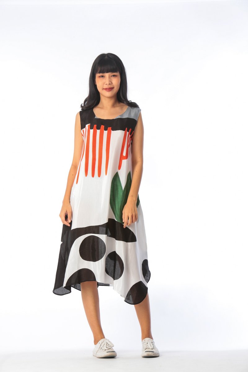 Dress Hand Paint Soft Cotton Silk for Yoga Vacation Holidays Summer Beach - 洋裝/連身裙 - 棉．麻 白色
