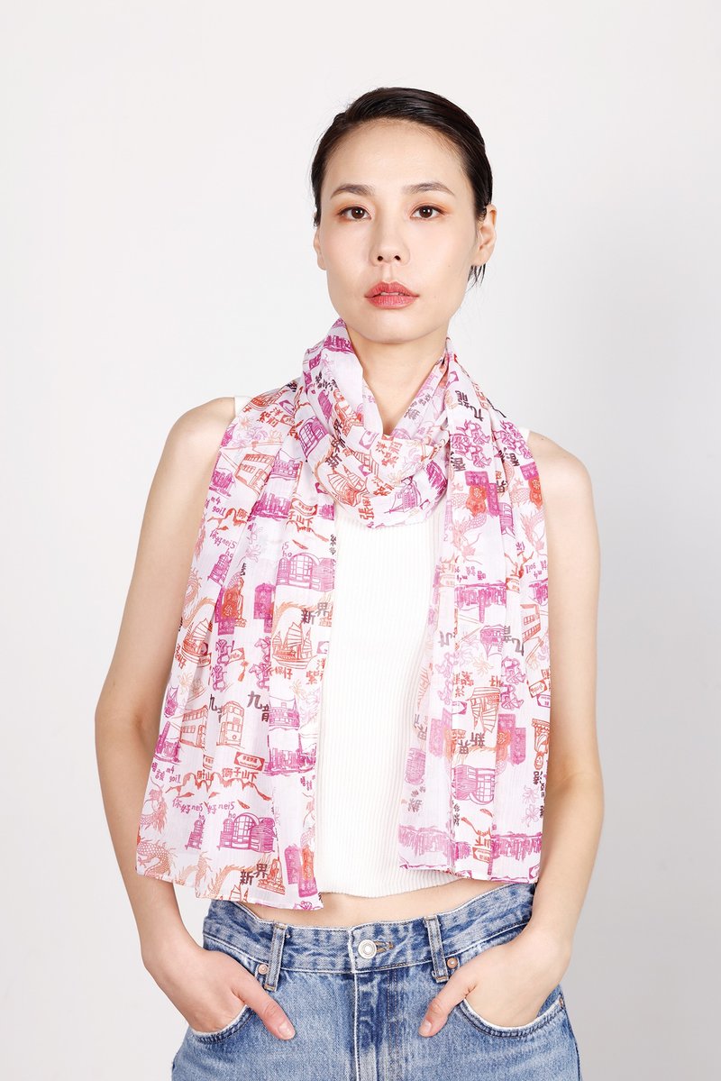 REESE香港印花雪紡長圍巾 (白/紫紅) - 絲巾 - 聚酯纖維 粉紅色