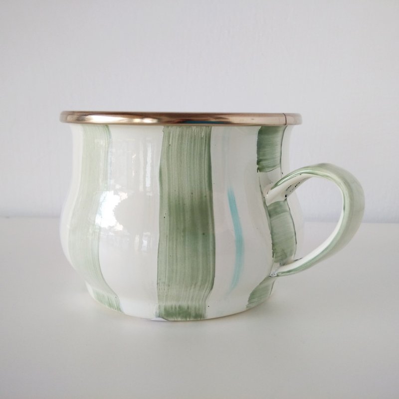 藤蔓綠條紋彩繪琺瑯杯 附禮物包裝 - 咖啡杯/馬克杯 - 琺瑯 綠色