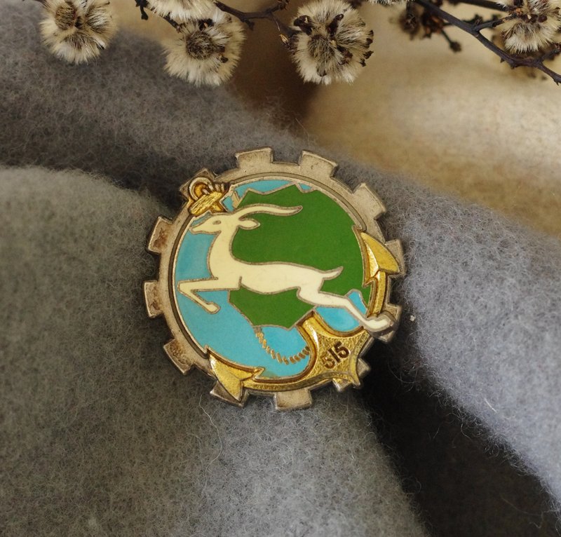 古董法國購入之船錨山羊鹿圓形別針胸針心口針B2102 - 胸針 - 其他金屬 銀色