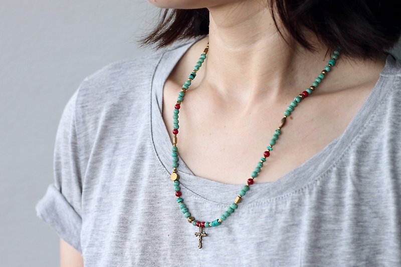 Turquoise Contrast Necklaces Cross Unisex Adjustable Necklace Wrap Bracelet - สร้อยคอ - หิน สีเขียว