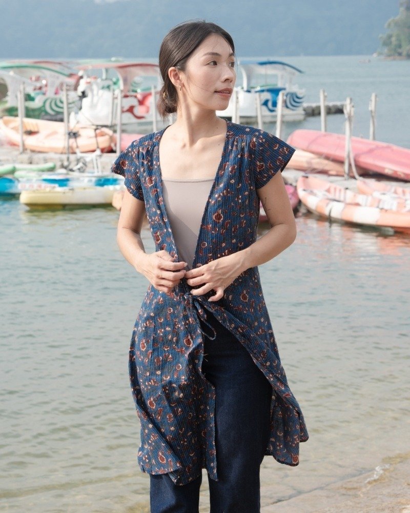 Tie-Dye Cotton Wrap Skirt/Short Sleeve Top - Vine Sea Blue - ชุดเดรส - ผ้าฝ้าย/ผ้าลินิน สีน้ำเงิน