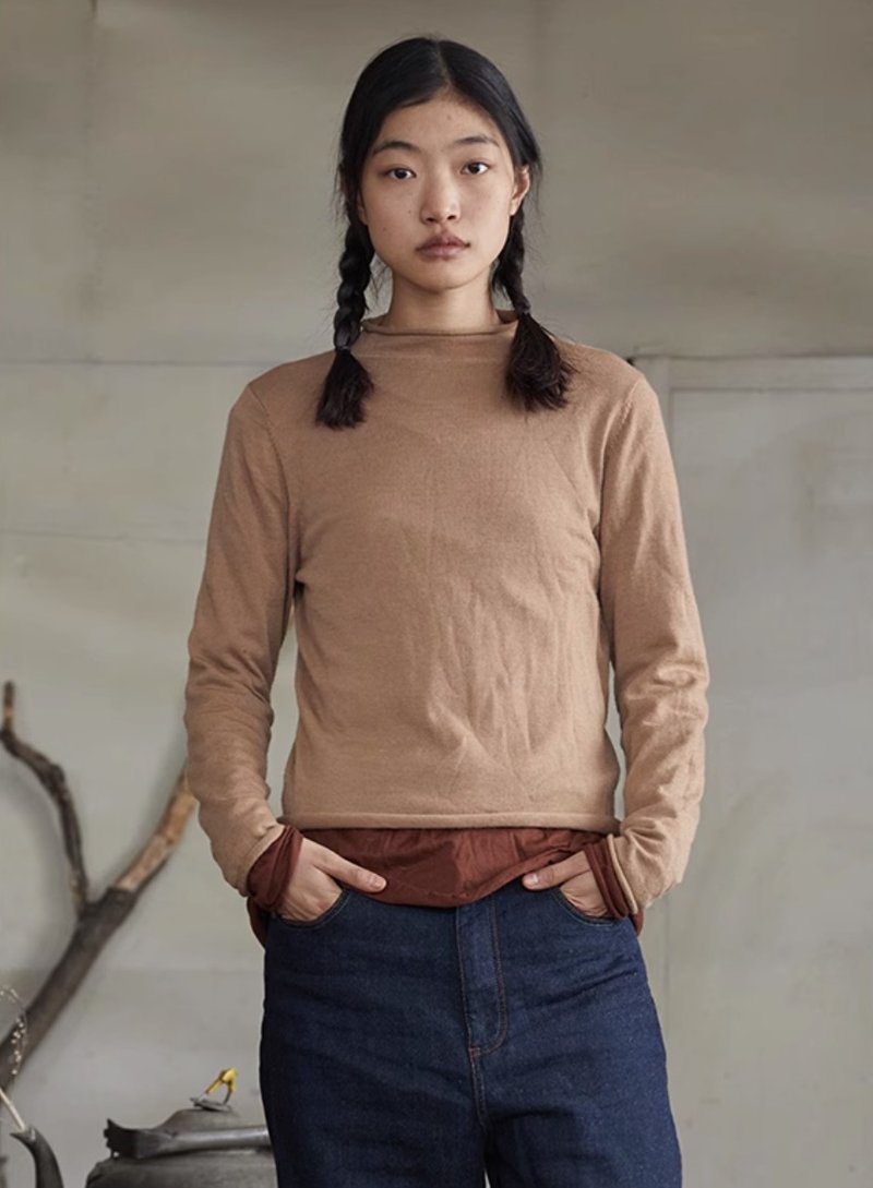 復古文青 犛牛絨半高領針織上衣 - 女毛衣/針織衫 - 其他材質 粉紅色