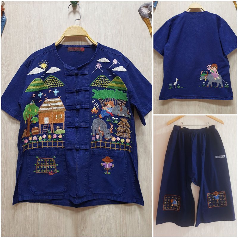 可愛的手工刺繡套裝-棉-上衣和褲子 - 稻田、鄉村鄉村生活 - 女上衣/長袖上衣 - 繡線 藍色