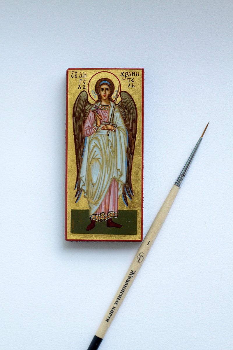 hand painted orthodox , wood icon of the Guardian Angel miniature religious art - 其他 - 木頭 金色