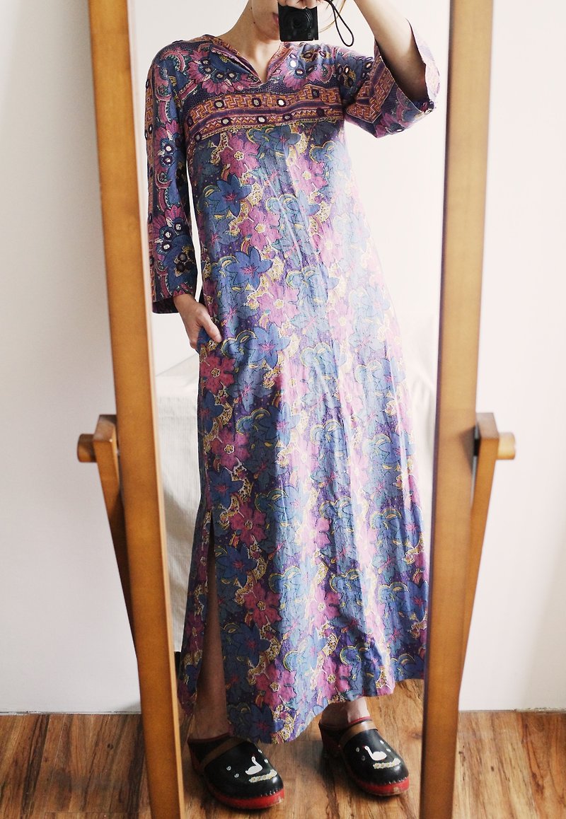 Hippie style Vintage 70s Romona Rull dress Pakistani hand stamped robe - One Piece Dresses - Cotton & Hemp 