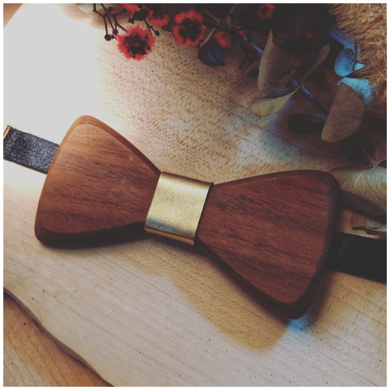 Natural Log Bow Tie-Walnut + Gold Leather (Gift/Wedding/New Couple/Formal/Valentine's Day) - Ties & Tie Clips - Genuine Leather Gold