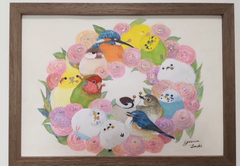 木製額入り原画【フラワーリースインコ】 - 海報/掛畫/掛布 - 紙 粉紅色