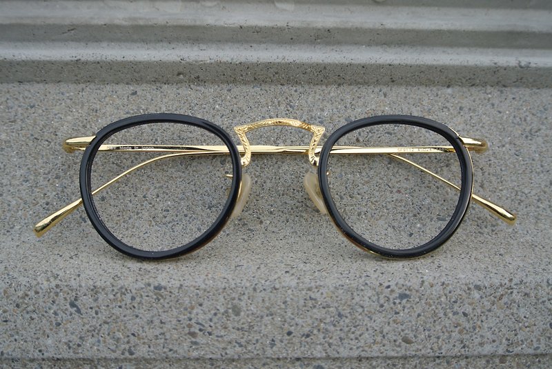 New glasses retro round frame black with gold plate x titanium metal glasses frame - กรอบแว่นตา - วัสดุอื่นๆ สีดำ