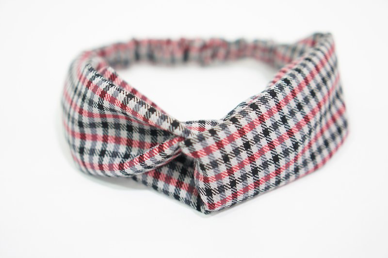 (Autumn and winter) red and black gray plaid / handmade elastic hair band - เครื่องประดับผม - ผ้าฝ้าย/ผ้าลินิน สีดำ
